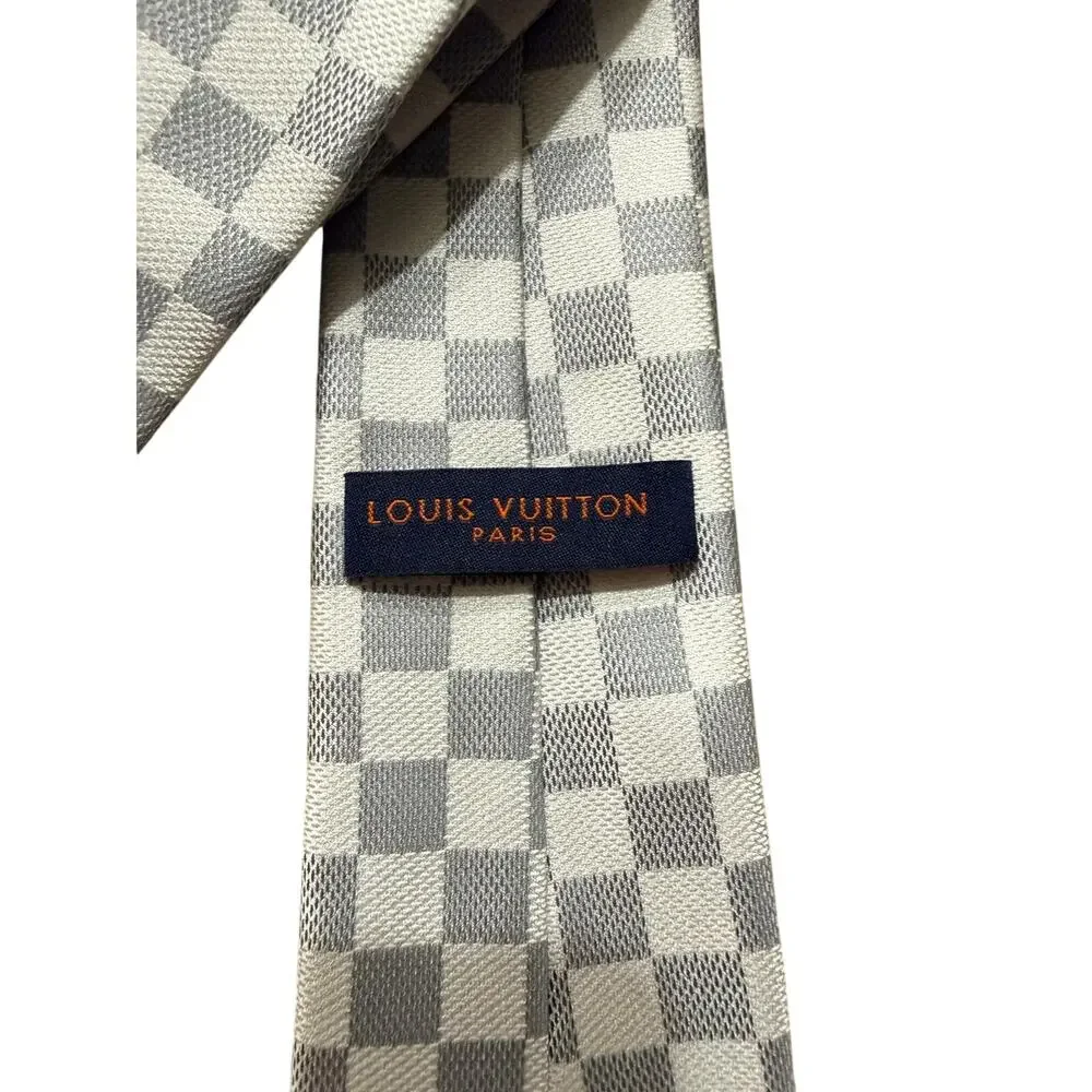 Louis Vuitton Paris Grey Damier Check 100% Silk Necktie